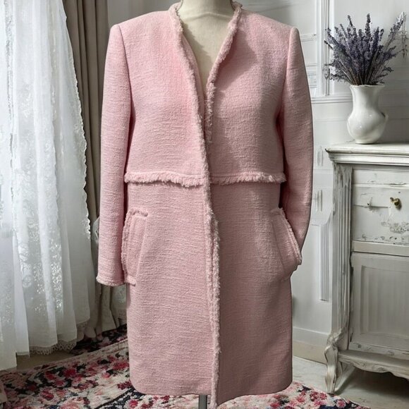 Zara Woman Pink Textured Open Front Tweed Coat With Fringe Trim Size Small - Picture 1 of 9